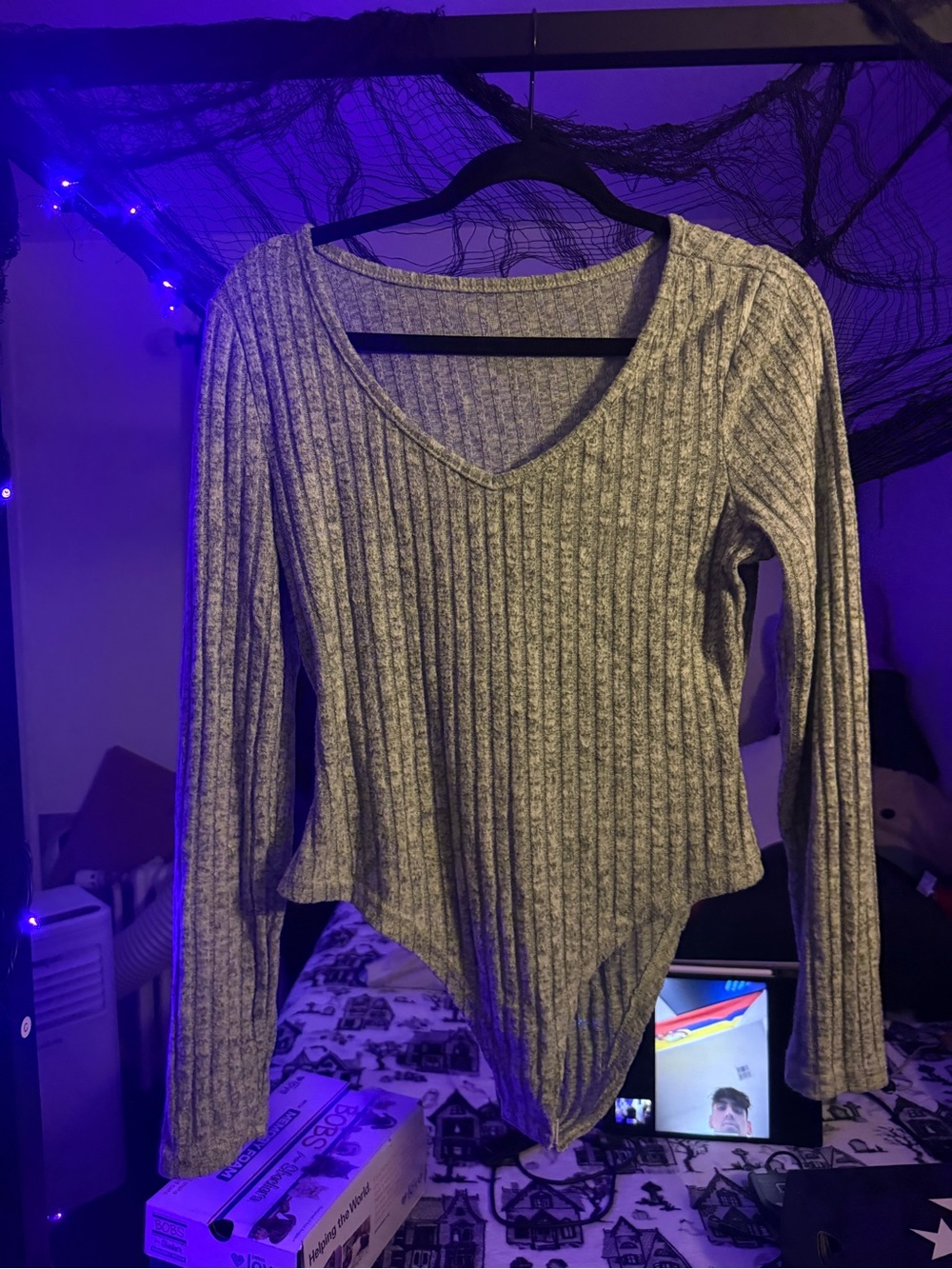 SHEIN Gray Ribbed V-Neck Long Sleeve Bodysuit